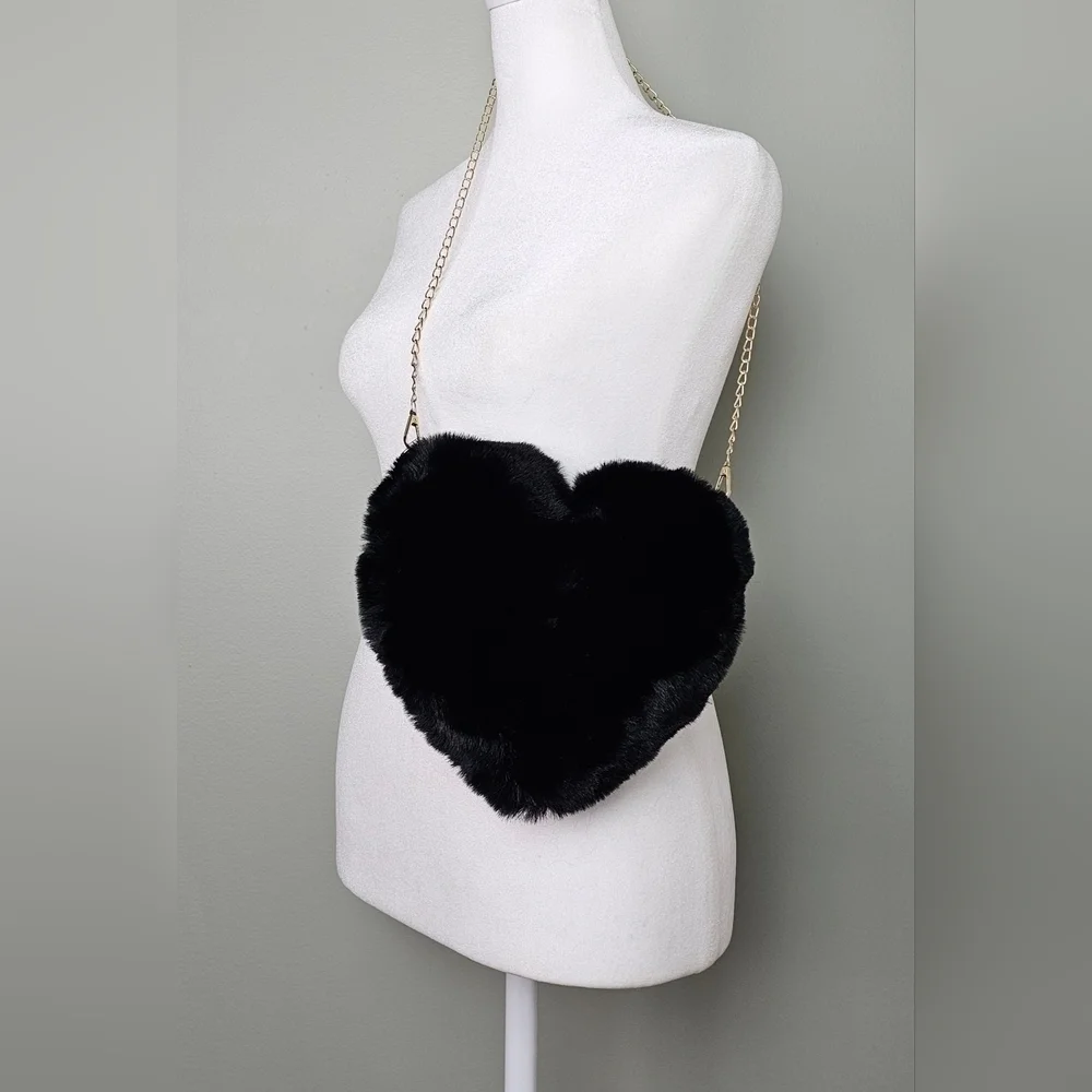 Black Furry Heart Bag With Gold Chain Vegan Fur Crossbody Purse